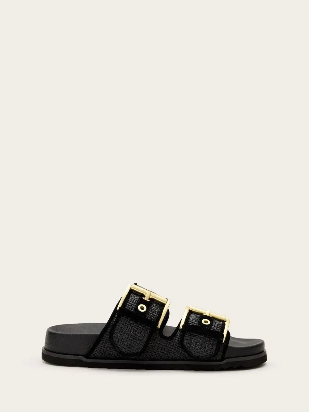 AllSaints Black Woven Double-Strap Slides with Metallic Buckles SB9